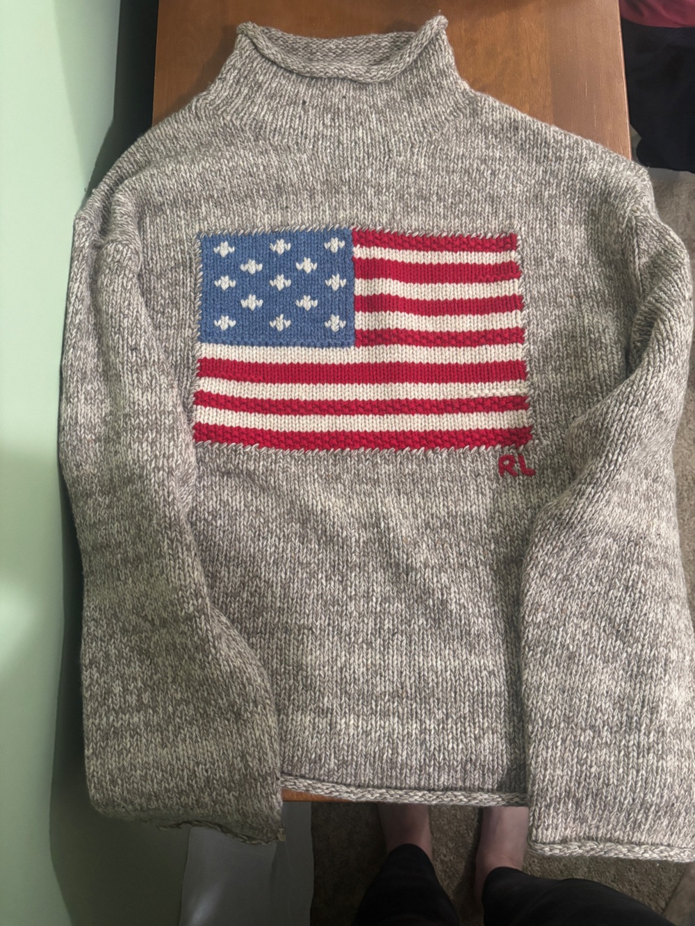 Ralph Lauren women’s Oatmeal Gray Wool Blend Sweater with American Flag XXL
